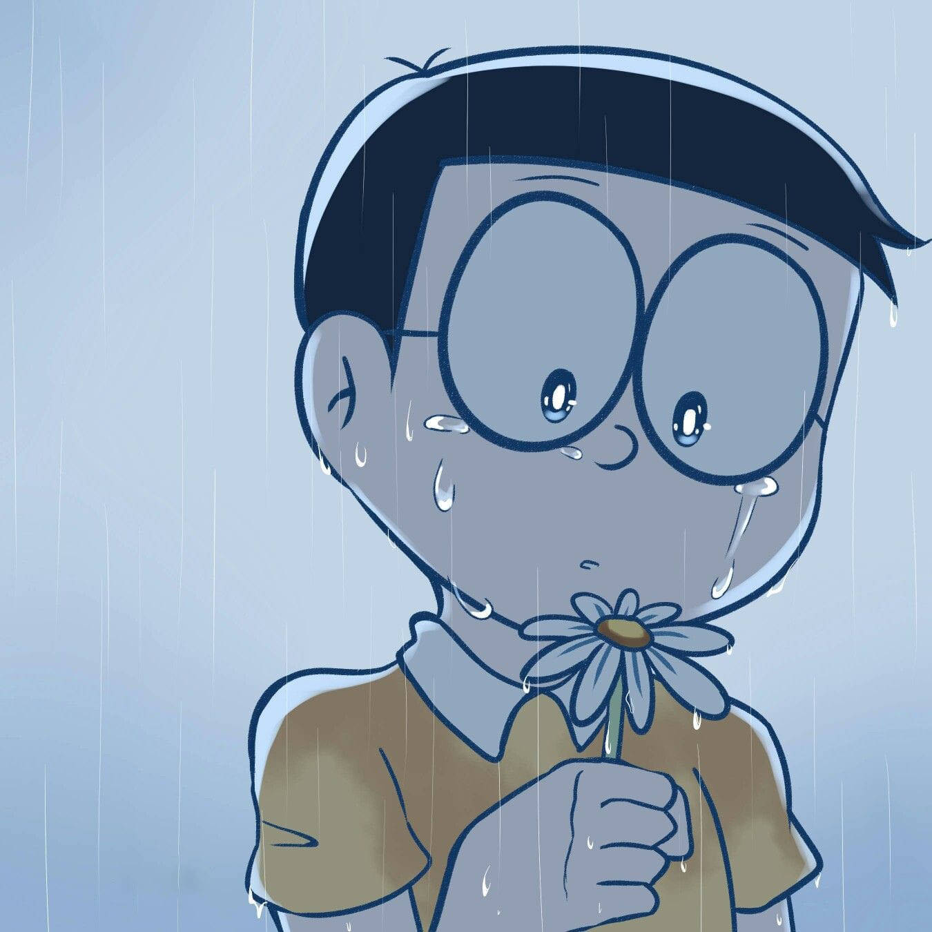 Üzgün Nobita Elinde Çiçek Tutuyor Doraemon Duvar Kağıdı