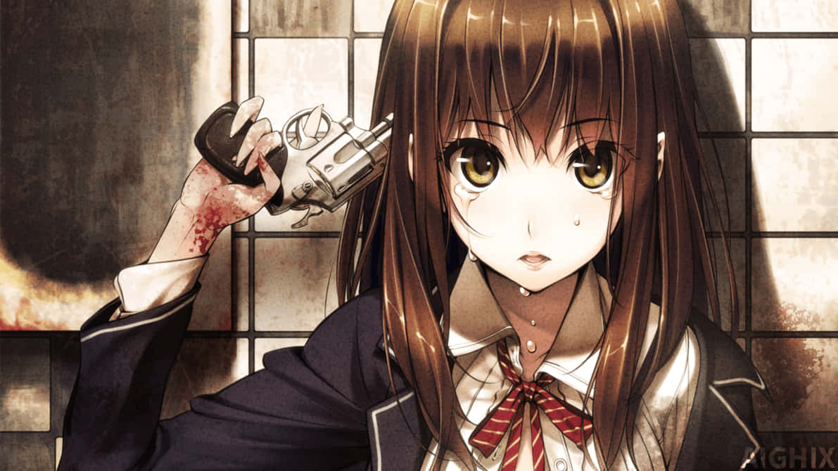 Üzgün anime kızı, ellerinde kanla başına silah dayamış HD duvar kağıdı. — Üzgün anime GIF Duvar Kağıdı