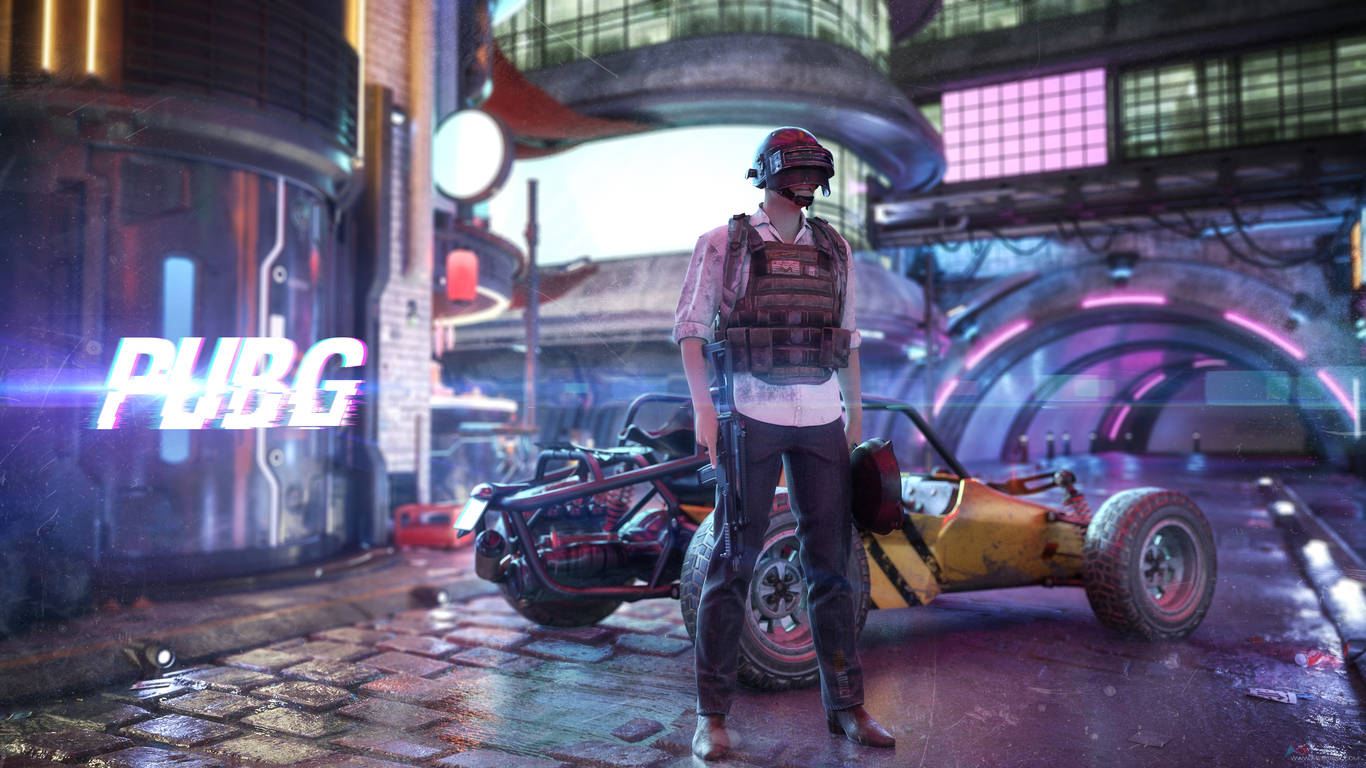 Victor Neon Şehirde PUBG 1366x768 Duvar Kağıdı