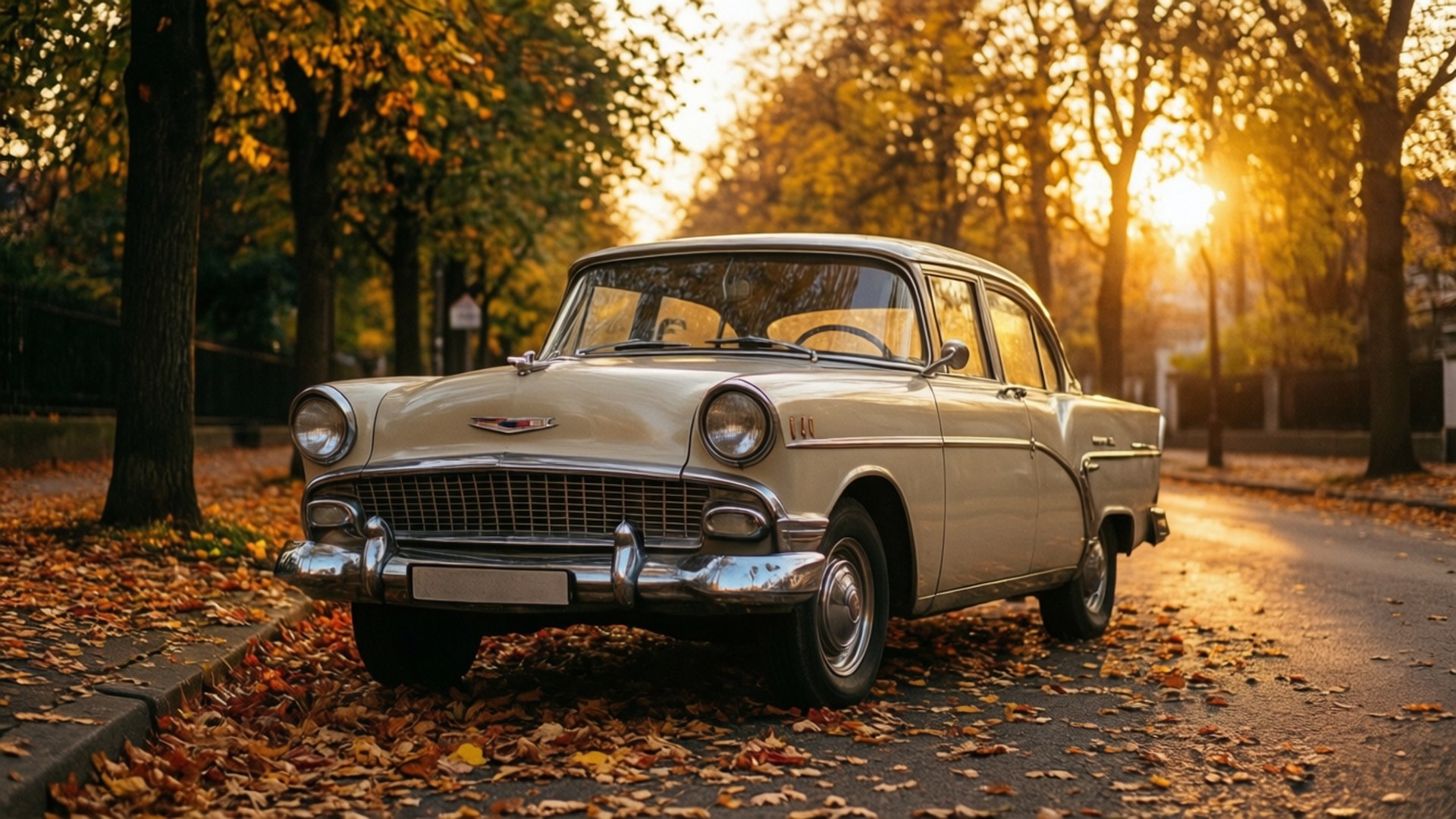 Vintage Araba Sonbahar Sokağı Duvar Kağıdı