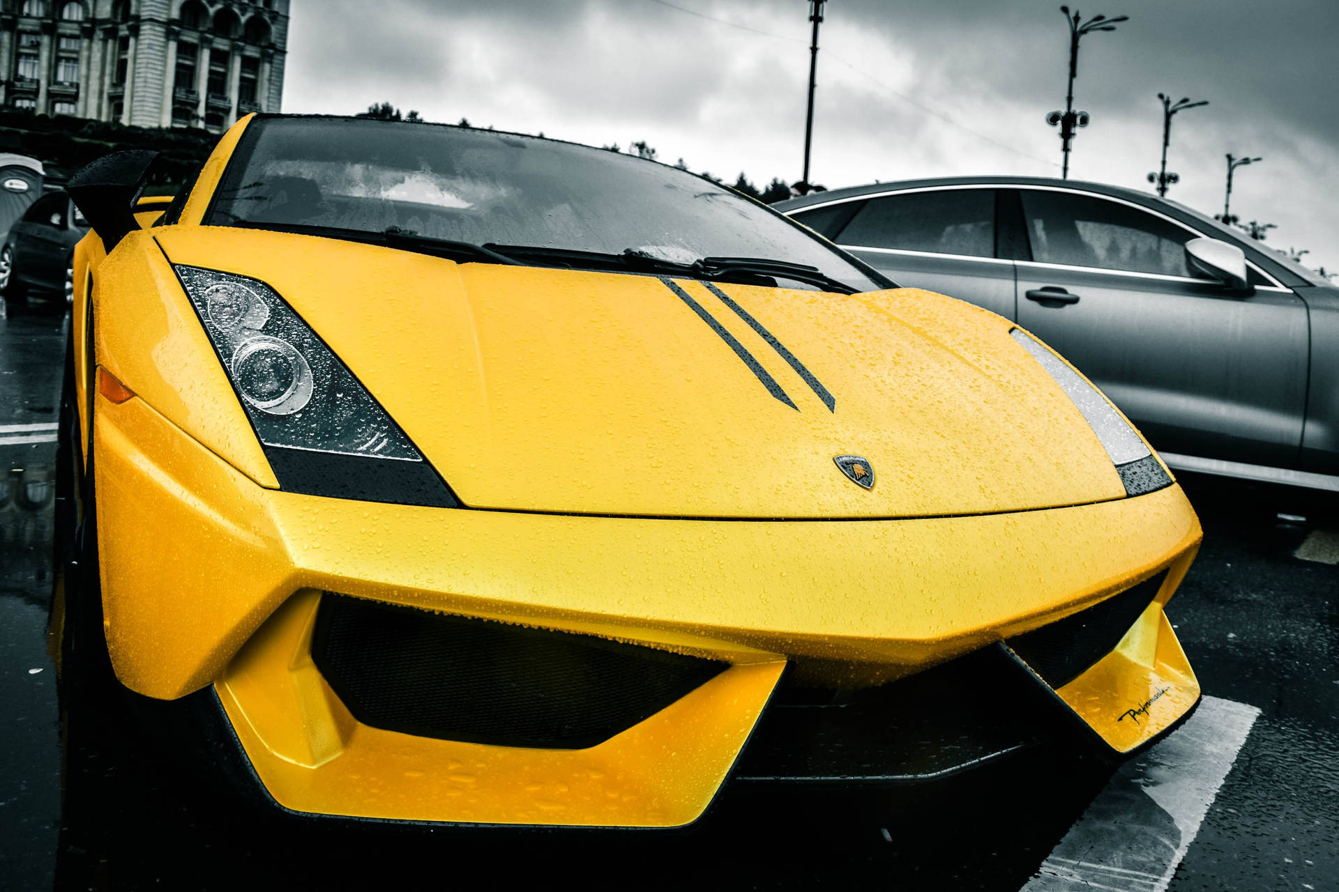 Sarı Lamborghini Gallardo yağmurlu gün duvar kağıdı.