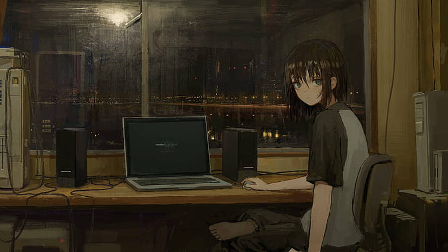 Yağmurlu Şehir Manzarasında Anime Dizüstü Bilgisayarı Duvar Kağıdı