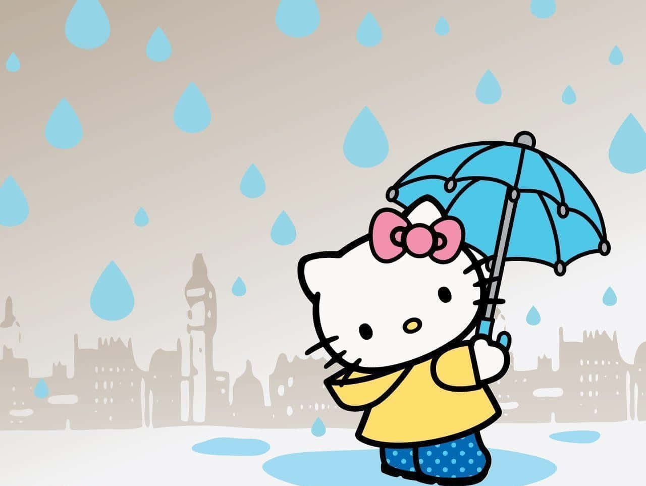 Yağmurlu Şehirde Hello Kitty Dizüstü Bilgisayar Duvar Kağıdı