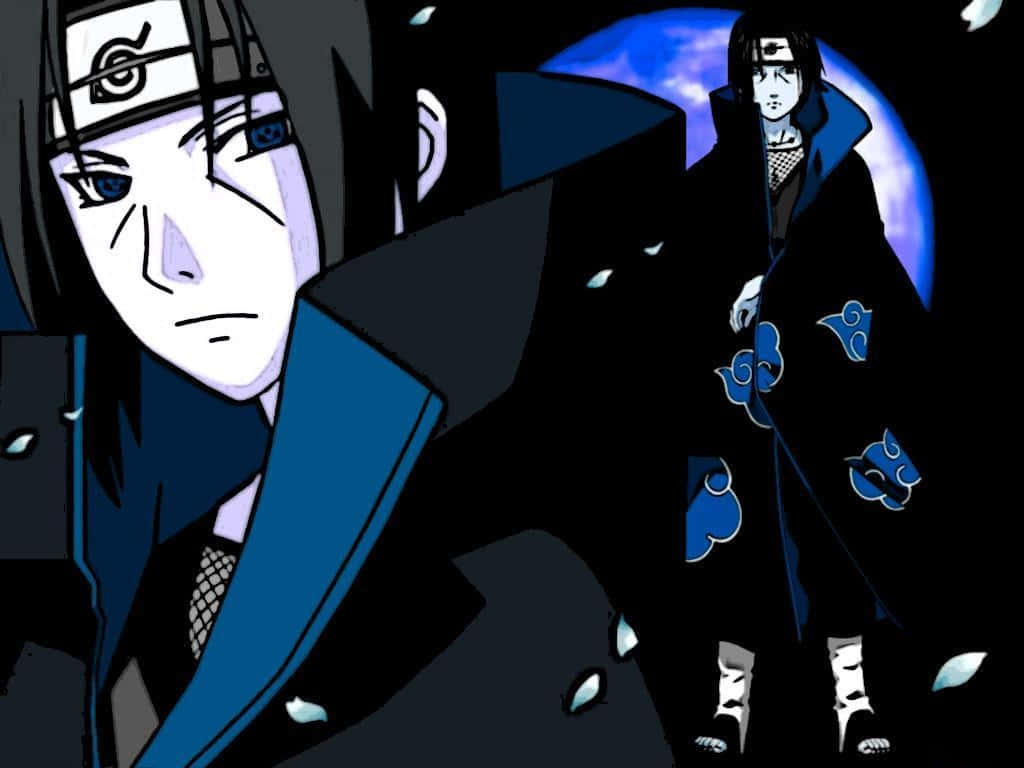 Yakın Plan ve Ayakta Duran Mavi Sharingan Gözleri ve Akatsuki Bulut Kıyafetiyle Estetik Itachi Duvar Kağıdı