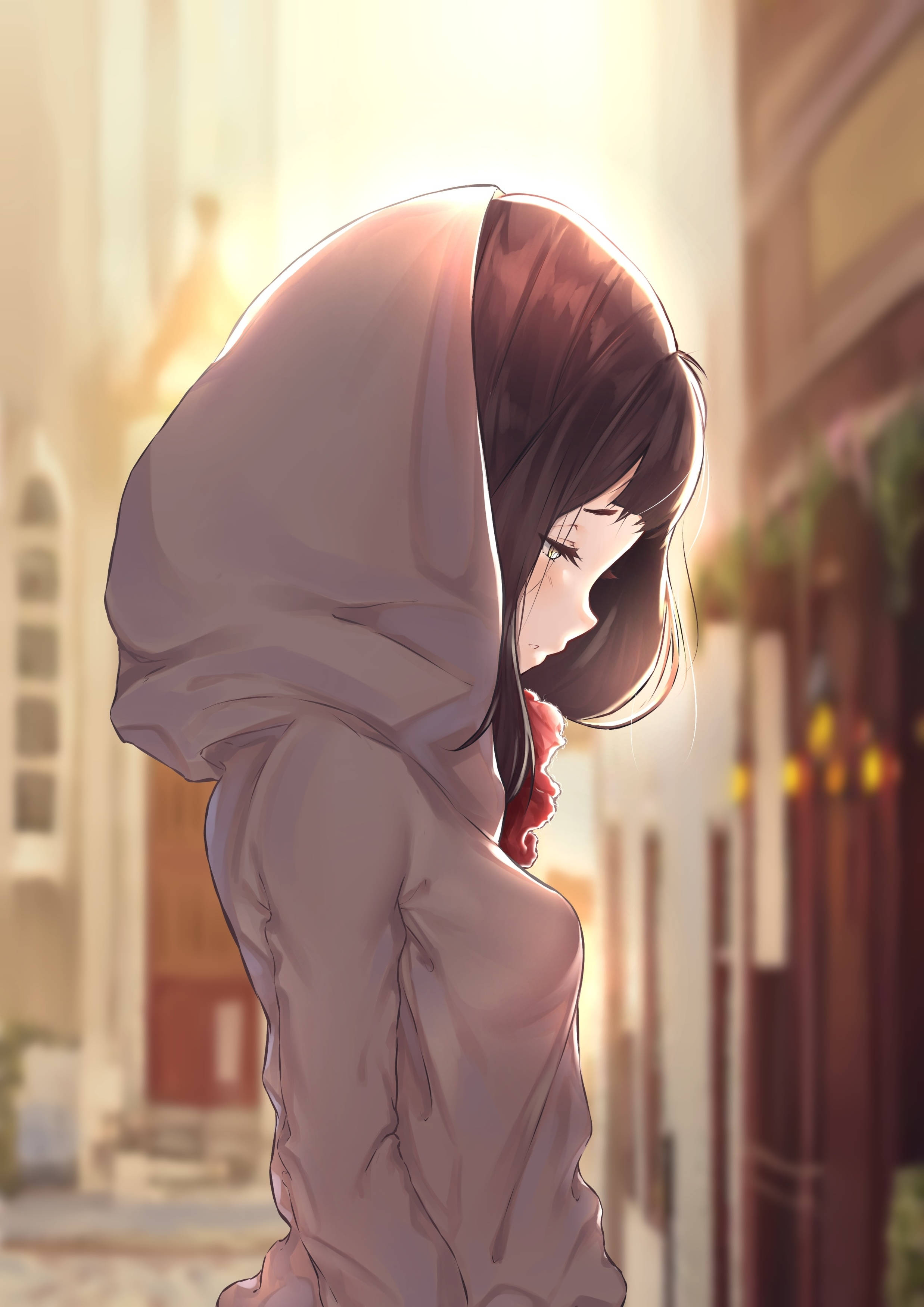 Yalnız Anime Kızı Kapüşonlu Duvar Kağıdı