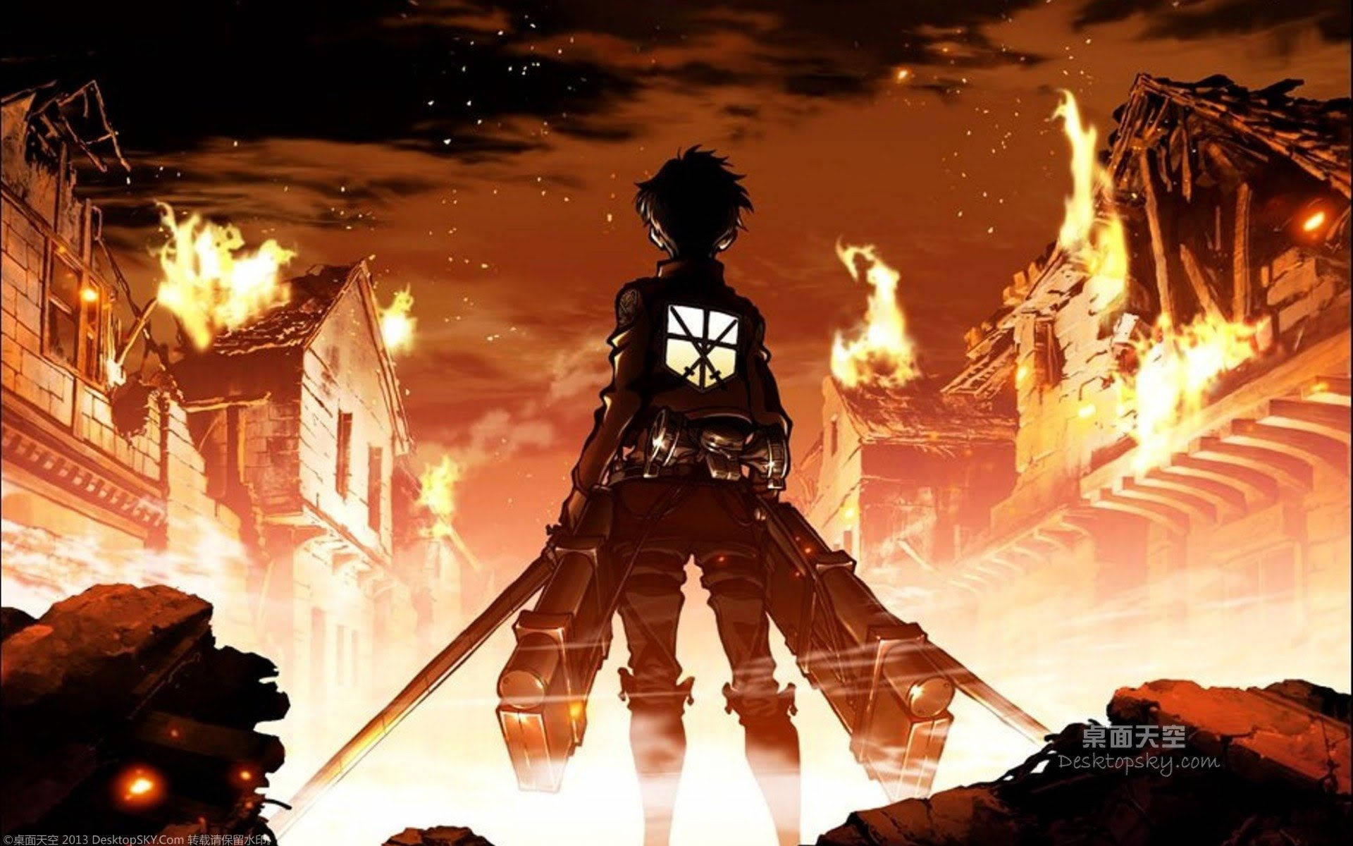 Attack on Titan hayran sanatı duvar kağıdında yanan köy evleriyle karşı karşıya gelen Eren