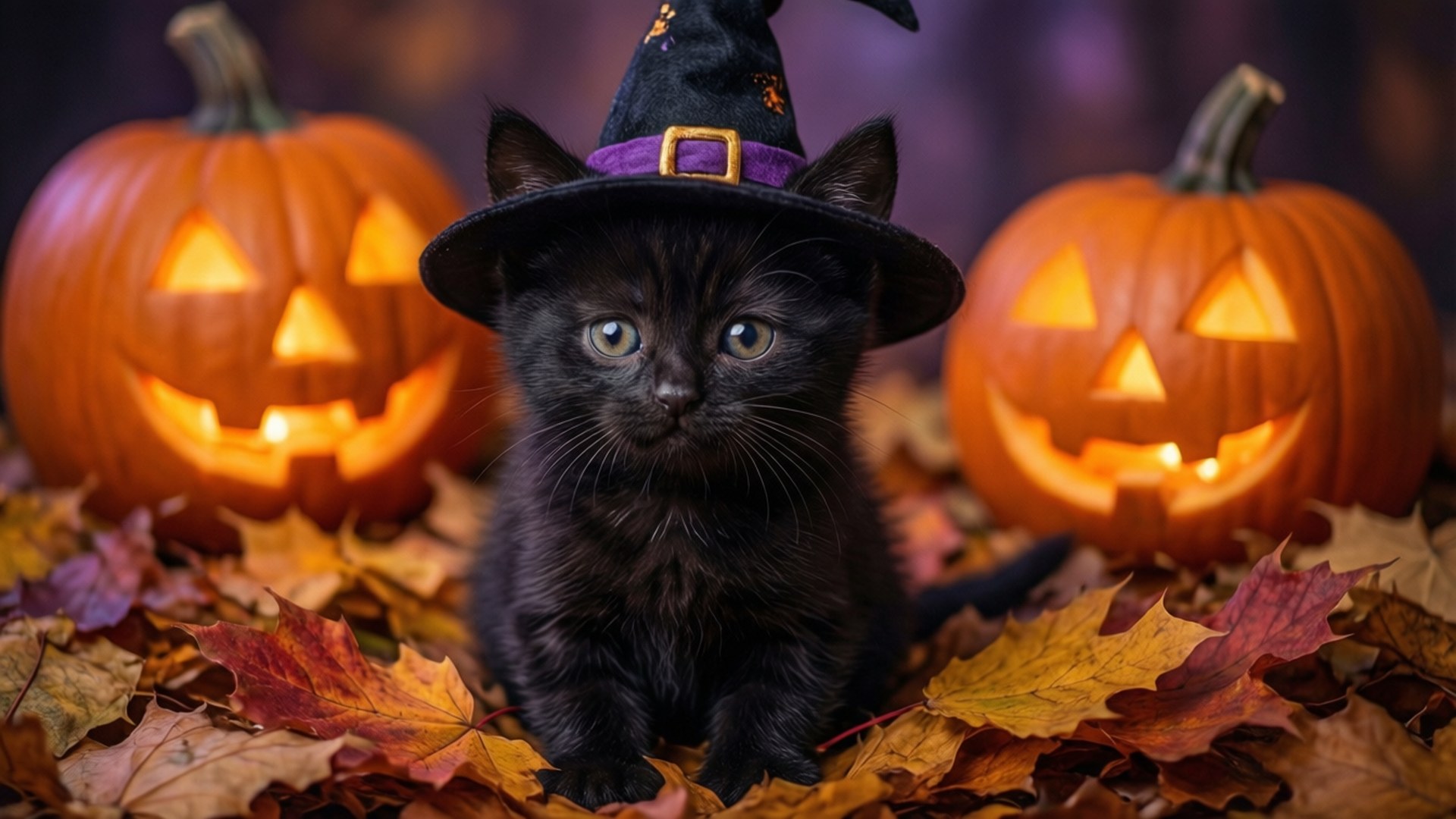 Yapraklar Arasında Cadı Kedi Duvar Kağıdı