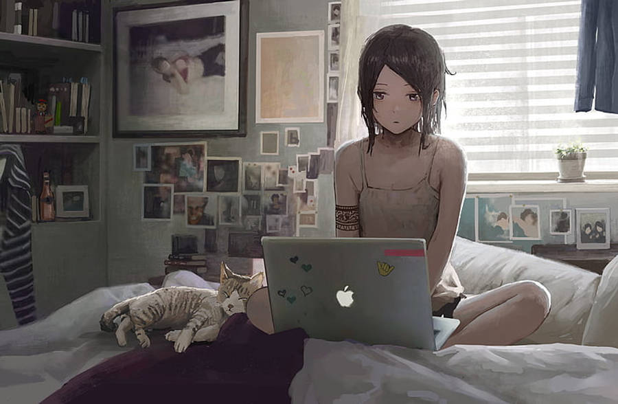 Yatakta Dizüstü Bilgisayarla Çalışan Anime Kızı Duvar Kağıdı