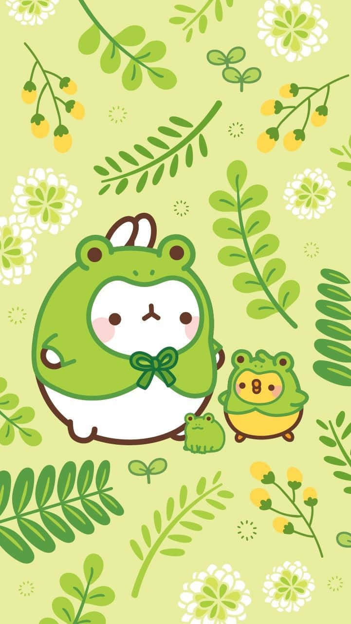 Yeşil Sevimli Kawaii Molang ve Piu Piu Duvar Kağıdı