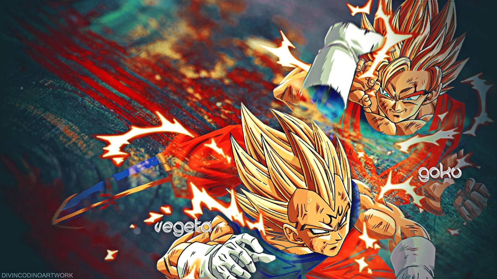 Dragon Ball Z San Goku ve Vegeta savaşıyor, süper saiyan anime karakterleri.