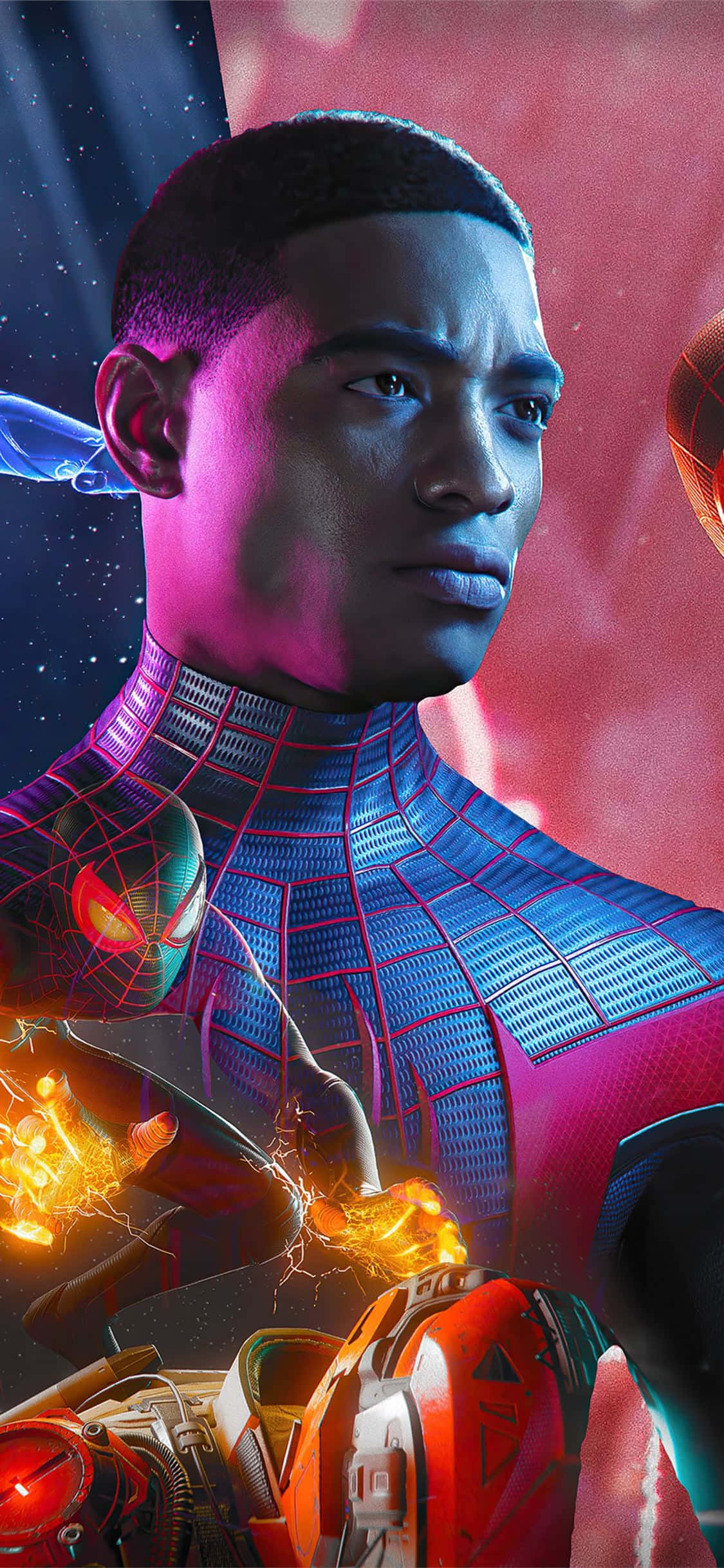 Yüksek Beğeni Toplayan Marvel'ın Örümcek Adam: Örümcek Evreninde'den Miles Morales, Şehir Arka Planında Elektrik Kıvılcımlarıyla Çevrili Duvar Kağıdı