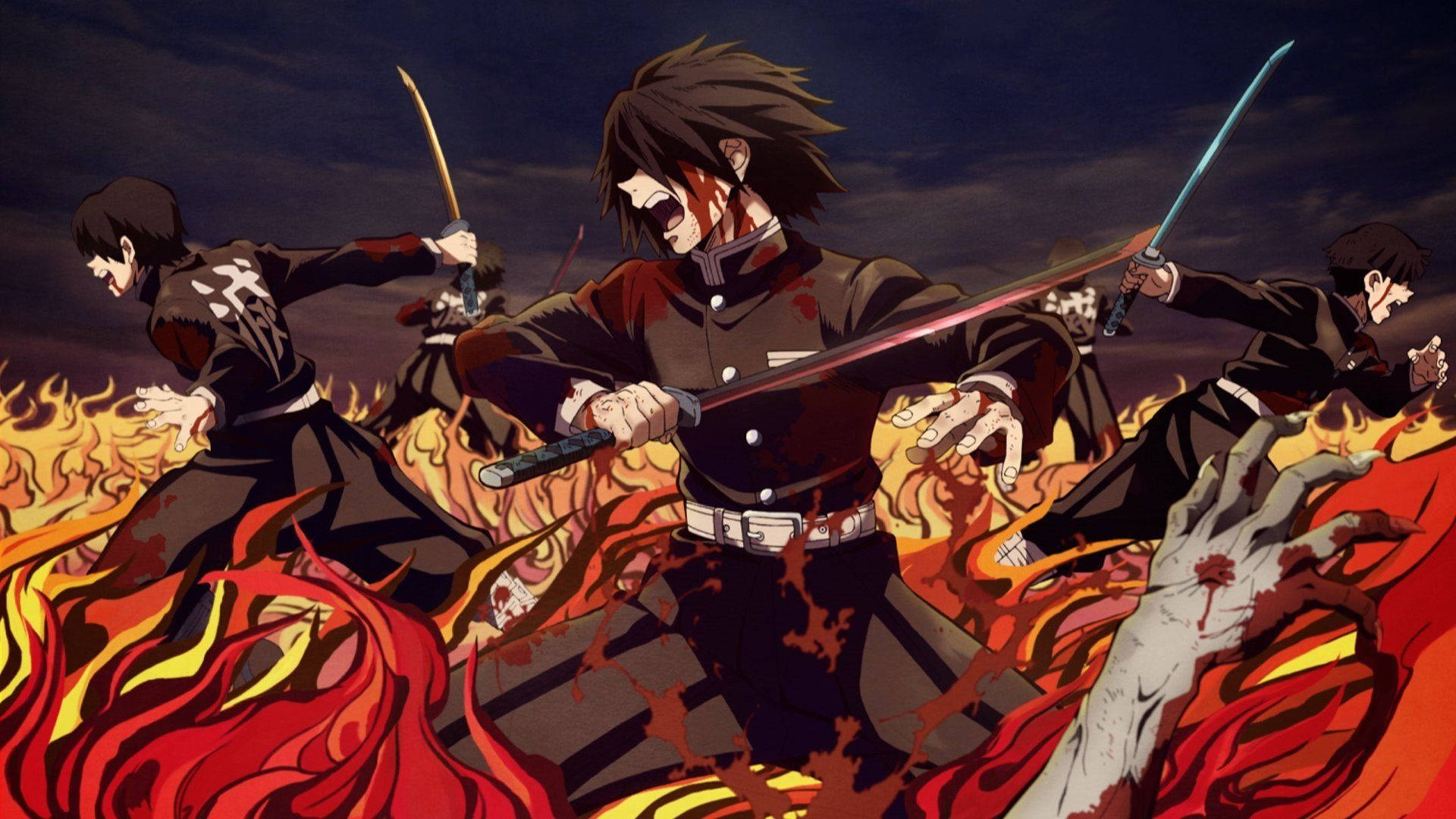 Alevler içinde iblislerle savaşan iblis avcılarının Demon Slayer duvar kağıdı.