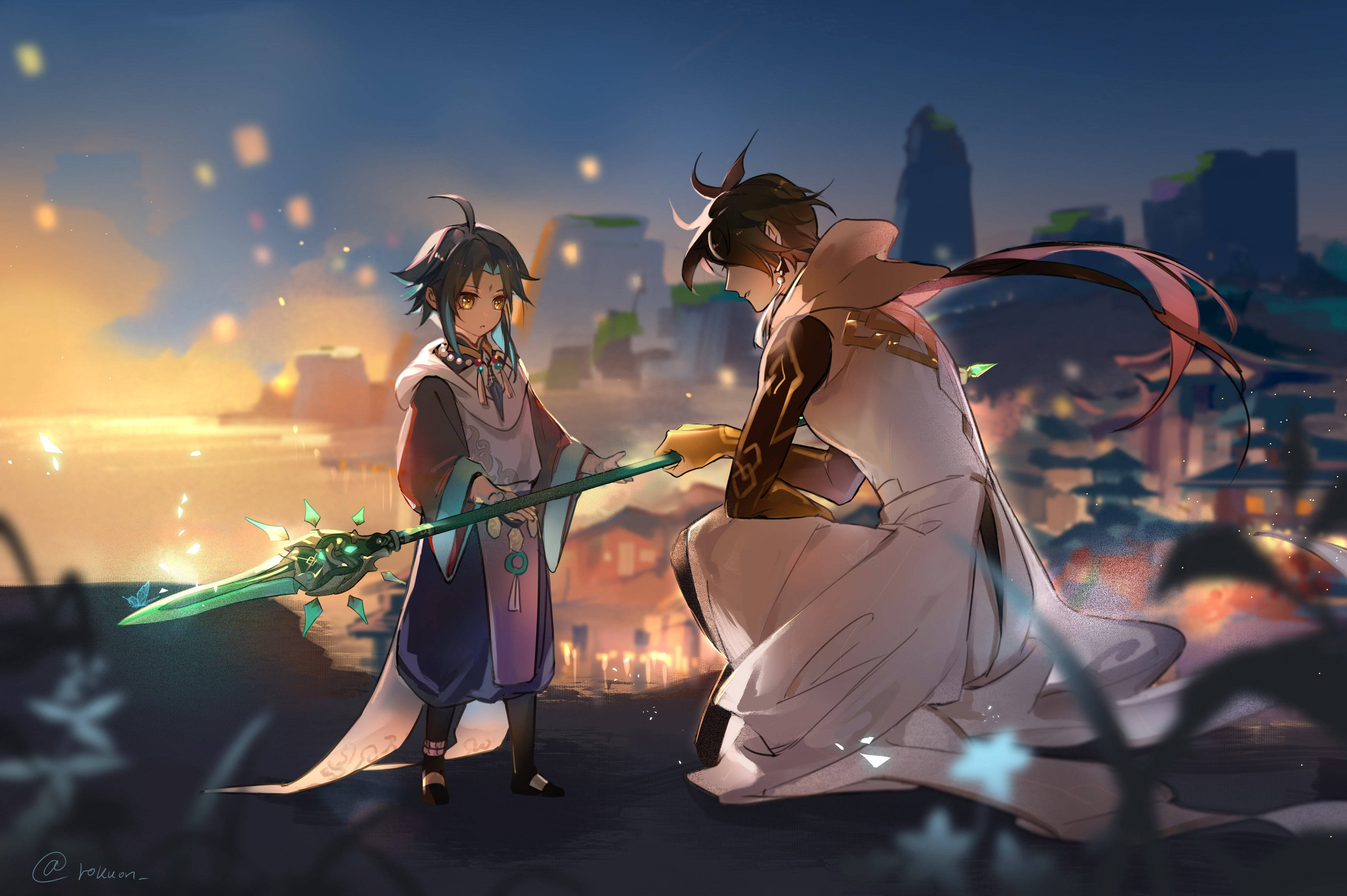 Zhongli ve Xiao Sevimli Anime Erkekler Duvar Kağıdı