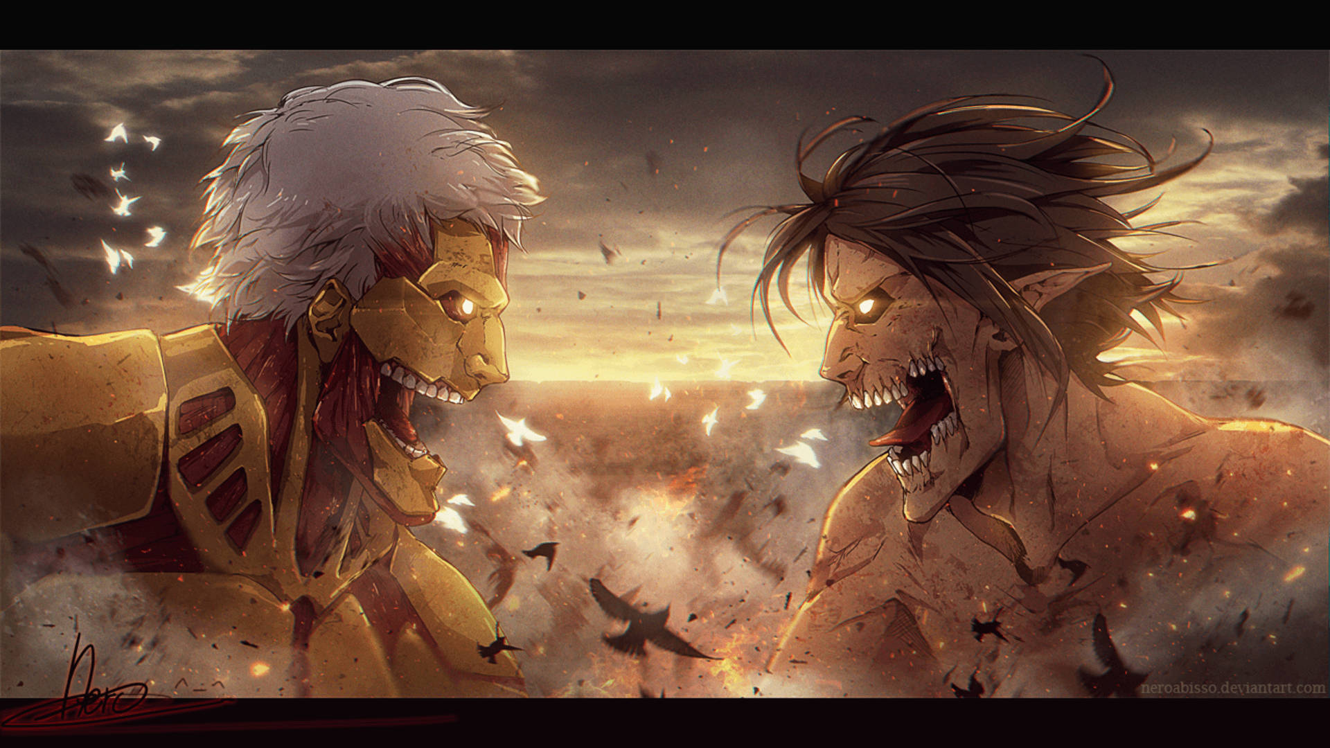 Attack On Titan duvar kağıdında Shiganshina Savaşı'nda Saldırı Titanı ile karşı karşıya gelen Zırhlı Titan