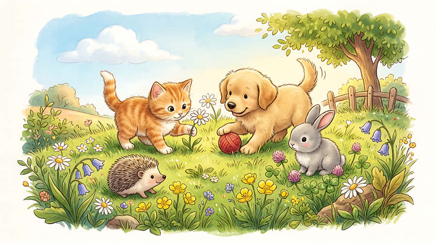 köpek, kedi, tavşan, kirpi, hayvanlar, çayır, çiçekler, ilkbahar, yaz, doğa, açık hava, sulu boya, illüstrasyon, sevimli, kawaii, çocuk, kreş, masal, hikaye kitabı, tatlı