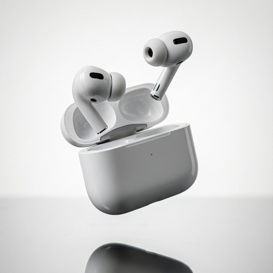 Havada süzülen AirPods, ürün fotoğrafçılığı
