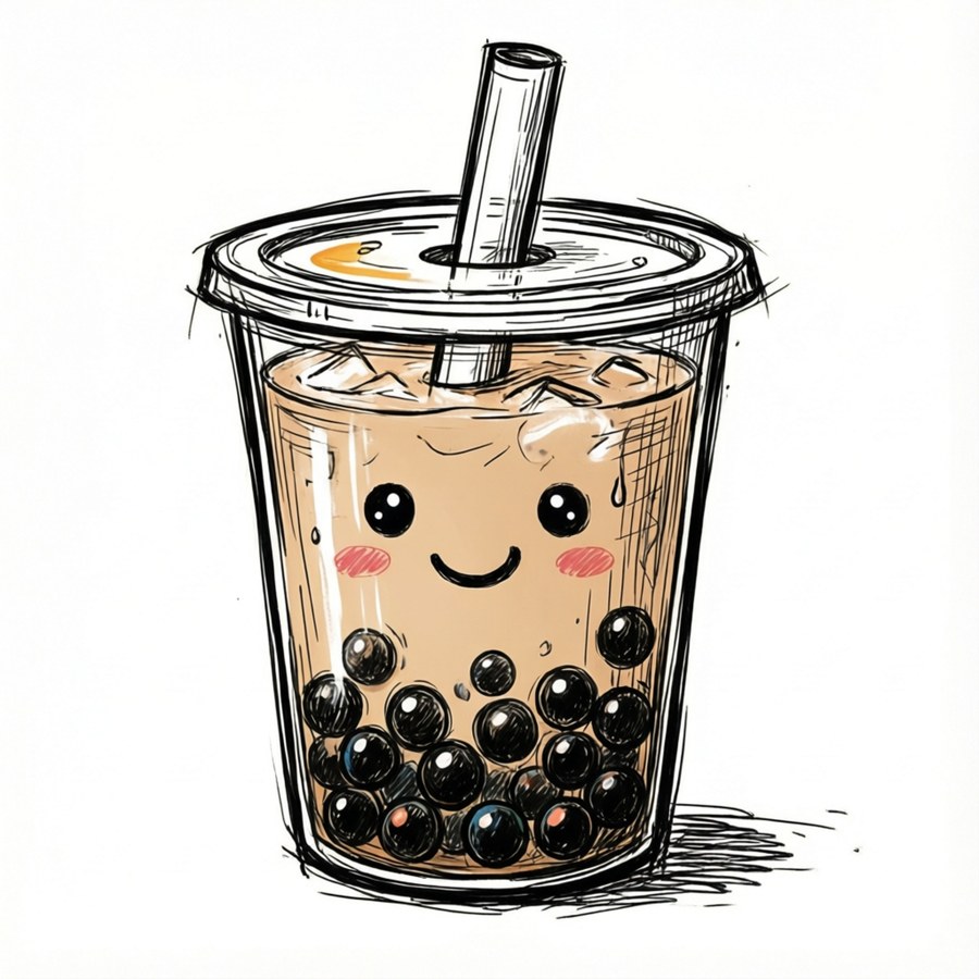 Gülümseyen incilerle birlikte bubble tea'nin elle çizilmiş karalaması.