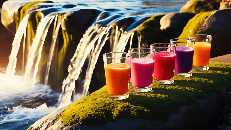 smoothieler,şelale,tropikal,içecekler,renkli,ferahlatıcı,meyve,doğa,açık hava,canlı,yaz,içecek,bardak,dere,serin