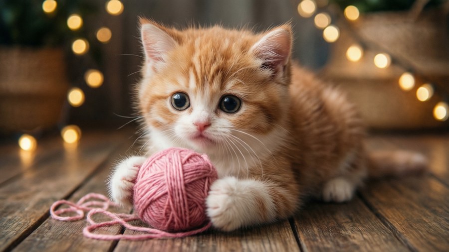 Sevimli bir kedi yavrusunun rahat bir ortamda yumakla oynaması.