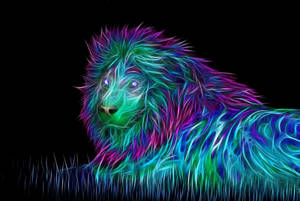 Çimlerin üzerinde yatan 3D neon aslan duvar kağıdı