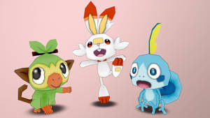 3D Scorbunny ve Diğer Başlangıç Pokémonları — Pokemon kılıç ve kalkan Duvar Kağıdı