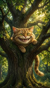 Güneş ışığı altındaki bir meşe ağacında sırıtan gerçekçi Cheshire Kedisi. — iPhone 6 Duvar Kağıdı