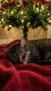 Işıklı bir Noel ağacının altında uyuyan kedi. — Rahat noel estetiği Duvar Kağıdı