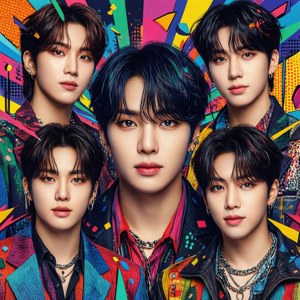 Bir Kpop grubunu içeren canlı pop art tarzı albüm kapağı