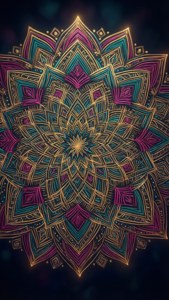 Koyu zemin üzerinde altın ve turkuaz renklerle parlayan, iPhone 11 Pro Max için detaylı mandala deseni.