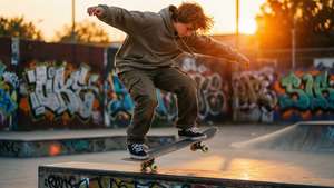 Kaykaycı çocuğun sıcak gün batımı ışığında ve grafiti fonunda kickflip yaparken çekilmiş görüntüsü.