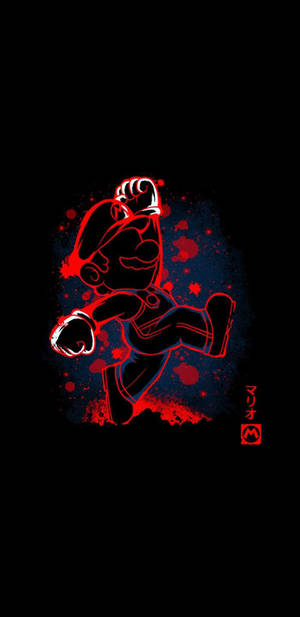 Kırmızı ana hatları ve siyah arka planı olan Super Mario'yu gösteren AMOLED duvar kağıdı