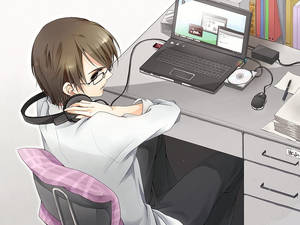 Anime Karakteri Dizüstü Bilgisayarda Çalışırken Kulaklığını Tutuyor — Anime laptop Duvar Kağıdı