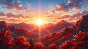 Anime tarzı canlı kırmızı dağ manzarası ve batan güneş