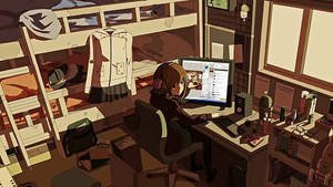 Anime Kızının Gölgelerle Aydınlanan Dizüstü Bilgisayar Çalışma İstasyonu — Anime laptop Duvar Kağıdı