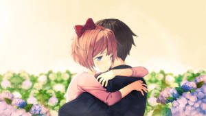 Anime Kucaklaşması Çiçek Bahçesinde duvar kağıdı