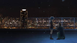Anime Okul Manzarası Yuki Nagato Kyon Gece Çatıda