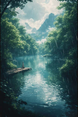 anime,göl,yağmur,orman,yeşil,sis,dağlar,iskele,huzurlu,hüzünlü,doğa,manzara,4K — iPhone 4 Duvar Kağıdı