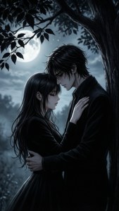 Siyah yapraklı bir ağacın altında romantik siyah anime çifti — Siyah anime Duvar Kağıdı
