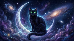 Hilal şeklindeki ayın üzerinde mistik bir kara kedi — Animasyon kedi Duvar Kağıdı