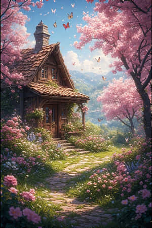 kır evi, bahar, çiçekler, bahçe, kiraz çiçeği, kelebekler, tepeler, çiçek açmış, neşeli, doğa — iPhone 4 Duvar Kağıdı