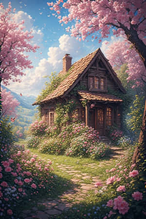 kır evi, bahar, çiçekler, bahçe, kiraz çiçeği, kelebekler, tepeler, çiçek açmış, neşeli, doğa — iPhone 4 Duvar Kağıdı