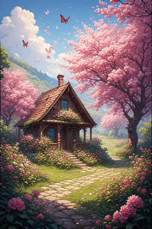 kır evi, bahar, çiçekler, bahçe, kiraz çiçeği, kelebekler, tepeler, çiçek açmış, neşeli, doğa — iPhone 4 Duvar Kağıdı
