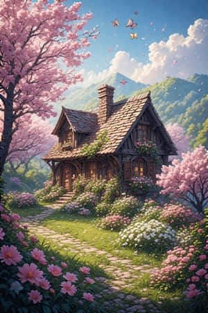 kır evi, bahar, çiçekler, bahçe, kiraz çiçeği, kelebekler, tepeler, çiçek açmış, neşeli, doğa — iPhone 4 Duvar Kağıdı