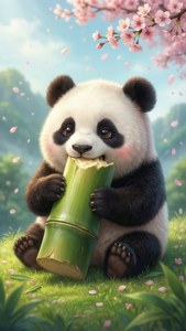 Bahar mevsiminde bambu keyfi yapan sevimli kawaii panda. — Kawaii Duvar Kağıdı