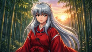 Bambu ormanında kimono giyen bir kızın renkli anime tarzı duvar kağıdı.