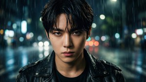 Bang Chan gece yağmurda deri ceketle
