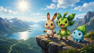 Üç Galar başlangıç Pokémon'u güneşli bir manzarada bölgeye tepeden bakıyor — Pokemon kılıç ve kalkan Duvar Kağıdı