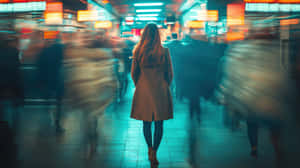kadın, yürüyüş, şehir, yalnız, kentsel, kalabalık, hareket, insanlar, ışıklar, sokak, modern, yalnızlık, gece, bağımsızlık, bulanıklık, içe dönüklük, gizem, neon