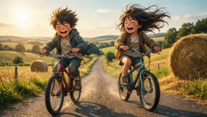 Altın saatte kırsalda bir tepeden bisikletle inen anime çocukları. — Anime çocukları Duvar Kağıdı
