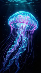 Siyah okyanusta neon camgöbeği ve mor renkte parlayan denizanası amoled